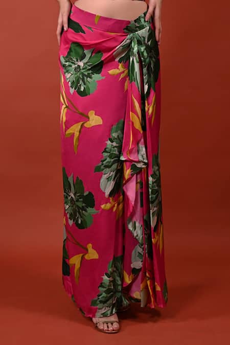 Buy Rimi Nayak Pink Modal, Satin Chrysanthemum Floral Print Draped Skirt Online at Aza Fashions Buy_Rimi Nayak_Pink Modal, Satin Chrysanthemum Floral Print Draped Skirt _Online_at_Aza_Fashions