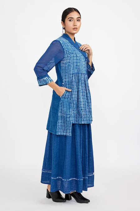 Buy_JAYATI GOENKA_Blue Cotton Open Neck Checkered Print High Low Tunic And Skirt Set _Online_at_Aza_Fashions