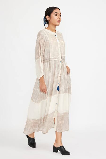 Buy JAYATI GOENKA White , Satin Embroidery Mandarin Checkered Hand Block Print Dress Online at Aza Fashions Buy_JAYATI GOENKA_White , Satin Embroidery Mandarin Checkered Hand Block Print Dress _Online_at_Aza_Fashions