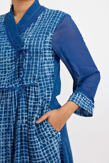 Shop_JAYATI GOENKA_Blue Cotton Open Neck Checkered Print High Low Tunic And Skirt Set _Online_at_Aza_Fashions