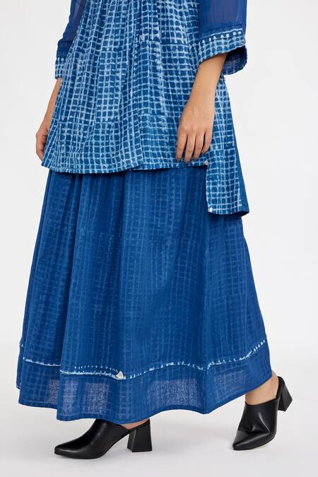 JAYATI GOENKA_Blue Cotton Open Neck Checkered Print High Low Tunic And Skirt Set _at_Aza_Fashions