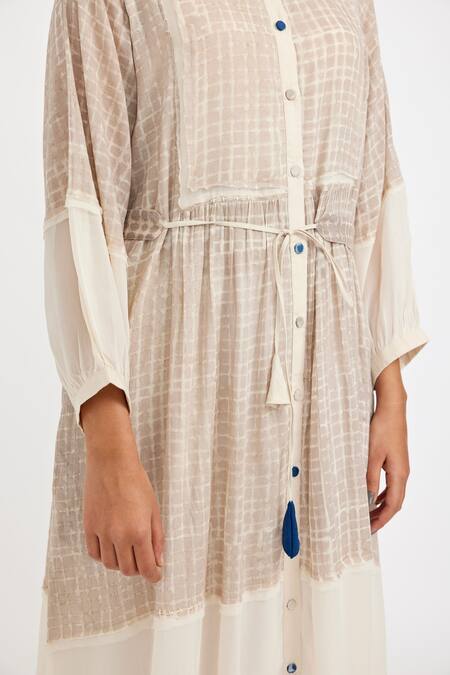 Shop JAYATI GOENKA White , Satin Embroidery Mandarin Checkered Hand Block Print Dress Online at Aza Fashions Shop_JAYATI GOENKA_White , Satin Embroidery Mandarin Checkered Hand Block Print Dress _Online_at_Aza_Fashions