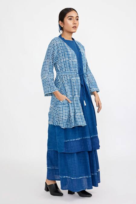 JAYATI GOENKA Blue , Satin Embroidery Kurta Set With Hand Block Print Robe Jacket Online at Aza Fashions JAYATI GOENKA_Blue , Satin Embroidery Kurta Set With Hand Block Print Robe Jacket _Online_at_Aza_Fashions