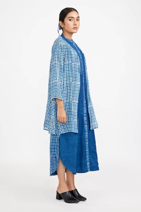 JAYATI GOENKA_Blue Cotton Mandarin Collar, Open Handblock Checkered Print Jacket With Dress _Online_at_Aza_Fashions