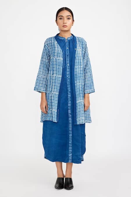 Buy_JAYATI GOENKA_Blue Cotton Mandarin Collar, Open Handblock Checkered Print Jacket With Dress _Online_at_Aza_Fashions