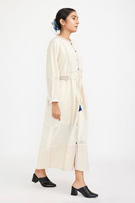 Buy JAYATI GOENKA White Cotton Mandarin Collar Bodice Hand Block Printed Dress Online at Aza Fashions Buy_JAYATI GOENKA_White Cotton Mandarin Collar Bodice Hand Block Printed Dress _Online_at_Aza_Fashions