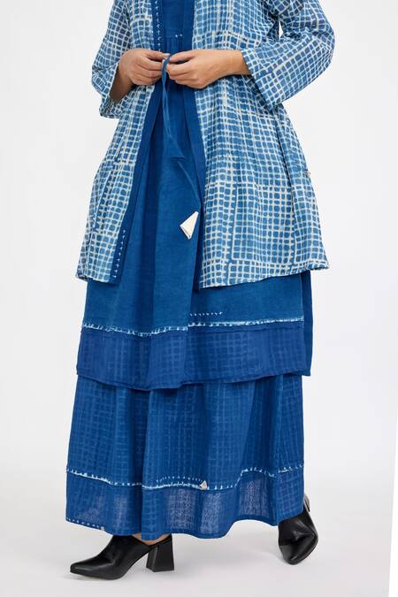 JAYATI GOENKA Blue , Satin Embroidery Kurta Set With Hand Block Print Robe Jacket at Aza Fashions JAYATI GOENKA_Blue , Satin Embroidery Kurta Set With Hand Block Print Robe Jacket _at_Aza_Fashions