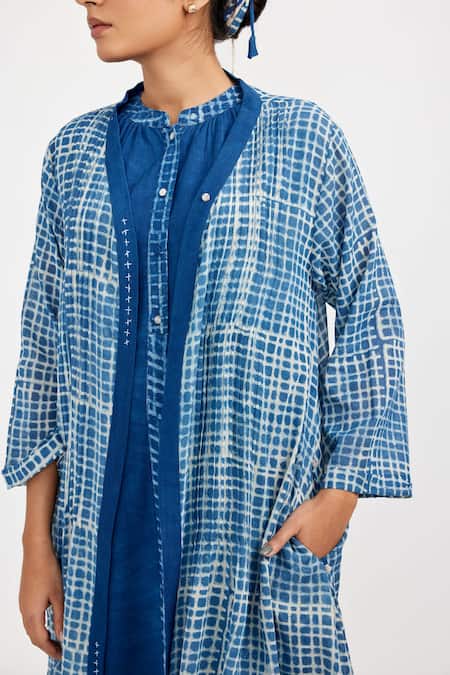 Shop_JAYATI GOENKA_Blue Cotton Mandarin Collar, Open Handblock Checkered Print Jacket With Dress _Online_at_Aza_Fashions