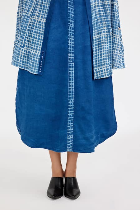 JAYATI GOENKA_Blue Cotton Mandarin Collar, Open Handblock Checkered Print Jacket With Dress _at_Aza_Fashions