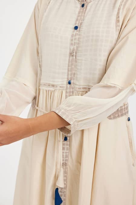 Shop JAYATI GOENKA White Cotton Mandarin Collar Bodice Hand Block Printed Dress Online at Aza Fashions Shop_JAYATI GOENKA_White Cotton Mandarin Collar Bodice Hand Block Printed Dress _Online_at_Aza_Fashions