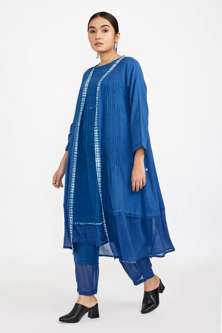 Buy JAYATI GOENKA Blue Cotton Open Neck, Mandarin Collar Sheer Hem Border Robe Tunic Set Online at Aza Fashions Buy_JAYATI GOENKA_Blue Cotton Open Neck, Mandarin Collar Sheer Hem Border Robe Tunic Set _Online_at_Aza_Fashions