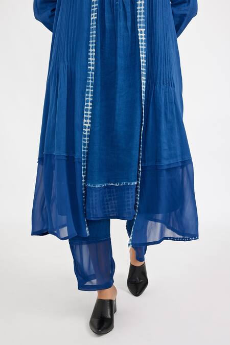 JAYATI GOENKA Blue Cotton Open Neck, Mandarin Collar Sheer Hem Border Robe Tunic Set at Aza Fashions JAYATI GOENKA_Blue Cotton Open Neck, Mandarin Collar Sheer Hem Border Robe Tunic Set _at_Aza_Fashions