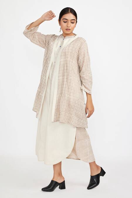 JAYATI GOENKA_White Cotton Piping Mandarin Collar, Straight Dress With Checkered Print Jacket _Online_at_Aza_Fashions