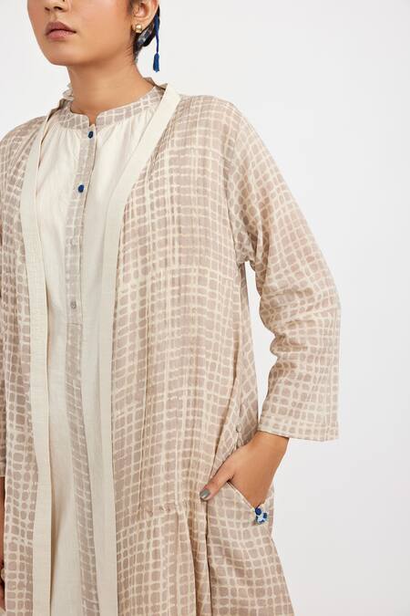 Buy_JAYATI GOENKA_White Cotton Piping Mandarin Collar, Straight Dress With Checkered Print Jacket _Online_at_Aza_Fashions