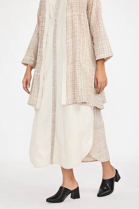 Shop_JAYATI GOENKA_White Cotton Piping Mandarin Collar, Straight Dress With Checkered Print Jacket _Online_at_Aza_Fashions