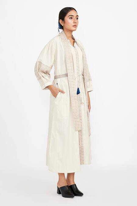 JAYATI GOENKA_White Cotton Embroidery V-neck Placket Print Dress _Online_at_Aza_Fashions