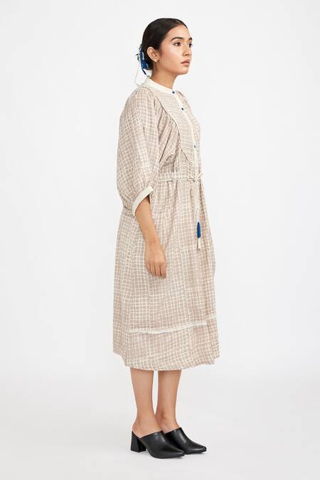 Shop_Jayati Goenka_White Cotton Mandarin Collar Hand Block Printed Dress _Online_at_Aza_Fashions