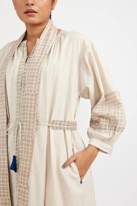 Shop_JAYATI GOENKA_White , Satin Checkered Placed Hanblock Print Kurta And Skirt Set _Online_at_Aza_Fashions