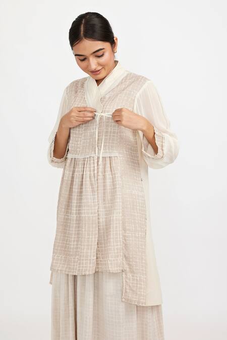 Buy_JAYATI GOENKA_White Cotton Embroidery Round Neck Wrap Checkered Print Tunic With Skirt _Online_at_Aza_Fashions