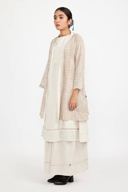 JAYATI GOENKA_White , Satin Tassels Round Checkered Print Belted Robe Skirt Set _Online_at_Aza_Fashions