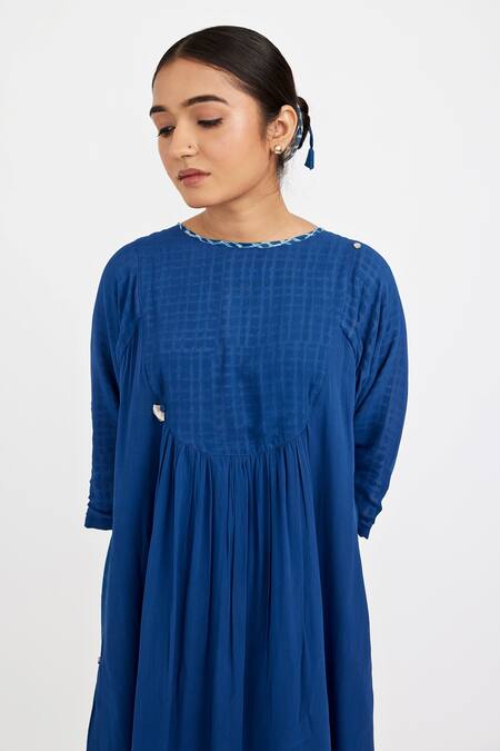 Buy JAYATI GOENKA Blue Cotton Round Neck Placed Checkered Handblock Print Dress Online at Aza Fashions Buy_JAYATI GOENKA_Blue Cotton Round Neck Placed Checkered Handblock Print Dress _Online_at_Aza_Fashions