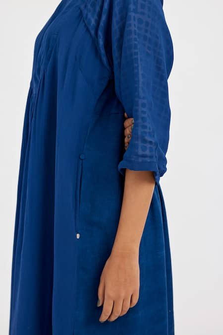 Shop JAYATI GOENKA Blue Cotton Round Neck Placed Checkered Handblock Print Dress Online at Aza Fashions Shop_JAYATI GOENKA_Blue Cotton Round Neck Placed Checkered Handblock Print Dress _Online_at_Aza_Fashions