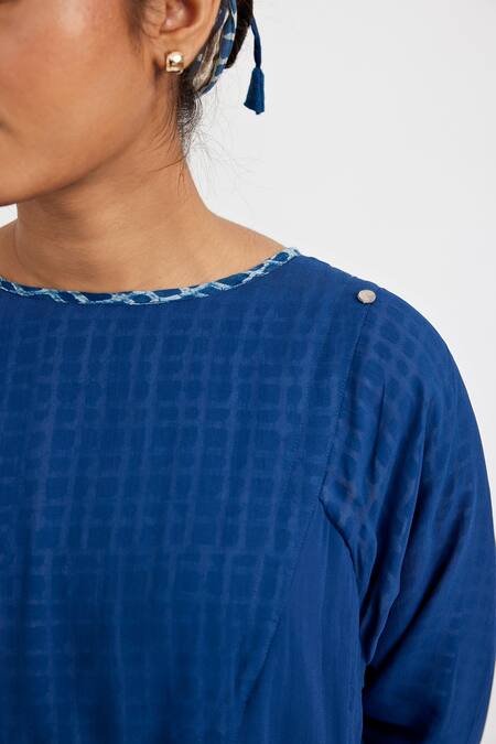 JAYATI GOENKA Blue Cotton Round Neck Placed Checkered Handblock Print Dress at Aza Fashions JAYATI GOENKA_Blue Cotton Round Neck Placed Checkered Handblock Print Dress _at_Aza_Fashions