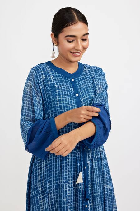 JAYATI GOENKA_Blue Cotton Collared Checkered Handblock Print Button-down Dress _Online_at_Aza_Fashions