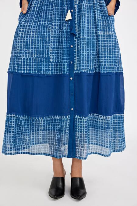 JAYATI GOENKA_Blue Cotton Collared Checkered Handblock Print Button-down Dress _at_Aza_Fashions