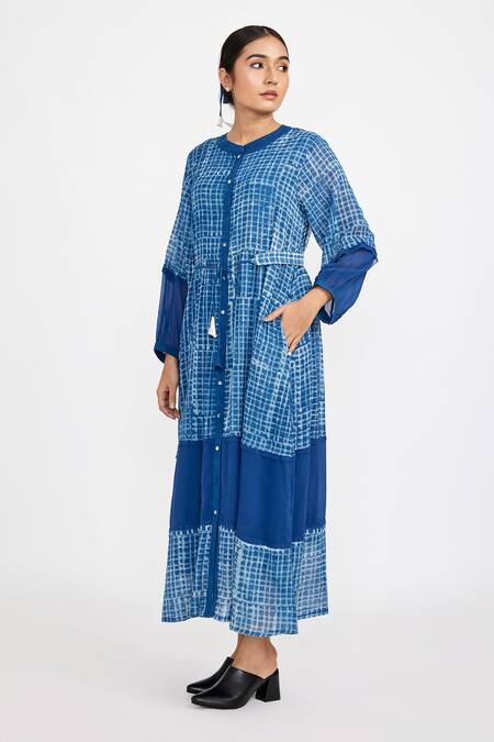 Shop_JAYATI GOENKA_Blue Cotton Collared Checkered Handblock Print Button-down Dress _Online_at_Aza_Fashions