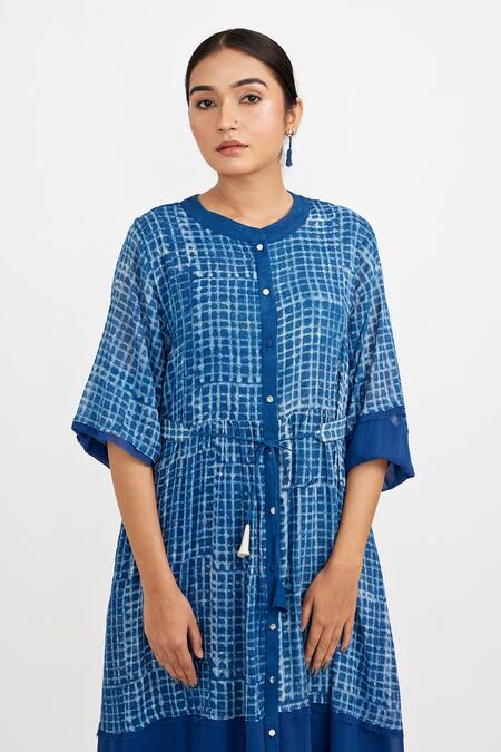 Buy_JAYATI GOENKA_Blue Cotton Collared Checkered Handblock Print Button-down Dress _Online_at_Aza_Fashions