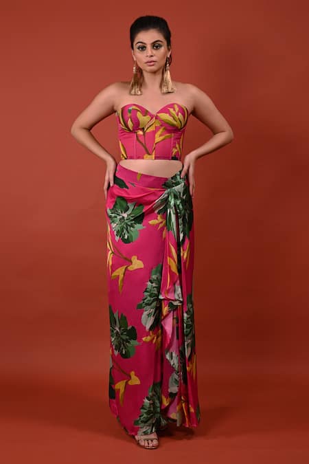 Shop Rimi Nayak Pink Modal, Satin Chrysanthemum Floral Print Draped Skirt Online at Aza Fashions Shop_Rimi Nayak_Pink Modal, Satin Chrysanthemum Floral Print Draped Skirt _Online_at_Aza_Fashions