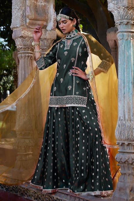 Kritika Dawar Green Chanderi, Organza Embroidery, Pearls, Zari Dori Kurta Sharara Set Online at Aza Fashions Kritika Dawar_Green Chanderi, Organza Embroidery, Pearls, Zari Dori Kurta Sharara Set _Online_at_Aza_Fashions