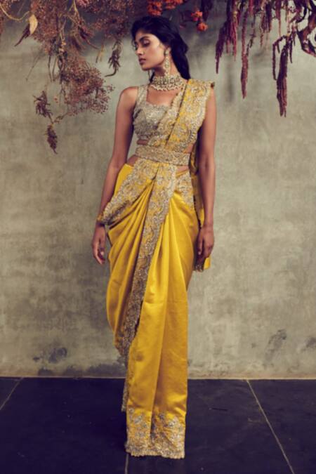 JAYANTI REDDY Yellow Silk Sweetheart Neck Embroidered Saree Set For Women