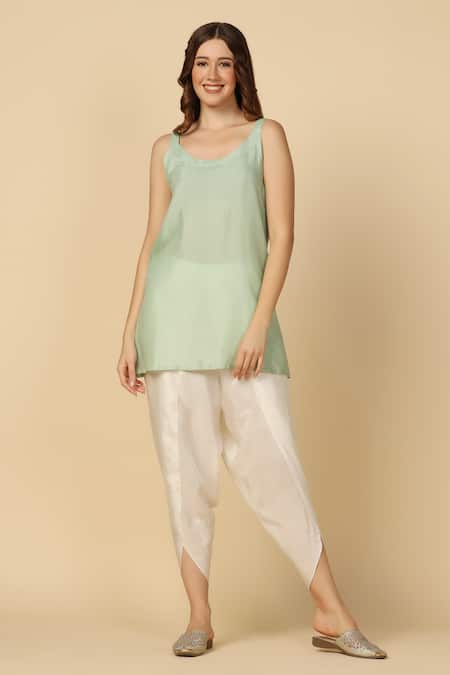 Buy_Two Sisters By Gyans_Green Satin Embroidery, Beads, Gota Patti Bandeau Yoke Kaftan And Tulip Pant Set _Online_at_Aza_Fashions