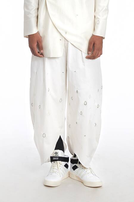 Antar Agni_Ivory Cotton, Silk Embroidery Cluster Eyes Wing Trouser _Online_at_Aza_Fashions