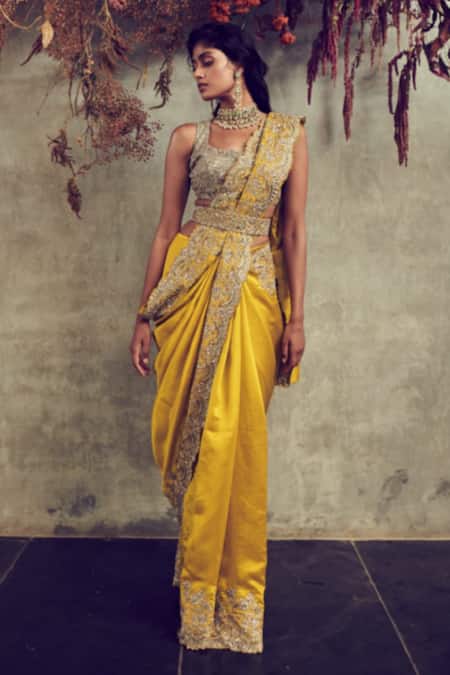 Shop Jayanti Reddy Yellow Silk Sweetheart Neck Embroidered Saree Set at Aza Fashions Shop_Jayanti Reddy_Yellow Silk Sweetheart Neck Embroidered Saree Set _at_Aza_Fashions