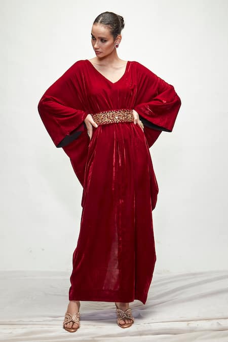 Shop_Ranian_Maroon Velvet Zari, Embroidery V-neck Cowl Draped Kaftan _Online_at_Aza_Fashions