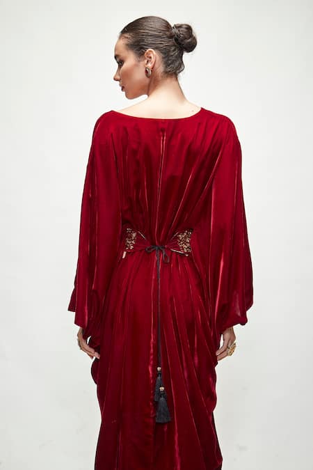 Shop_Ranian_Maroon Velvet Zari, Embroidery V-neck Cowl Draped Kaftan 