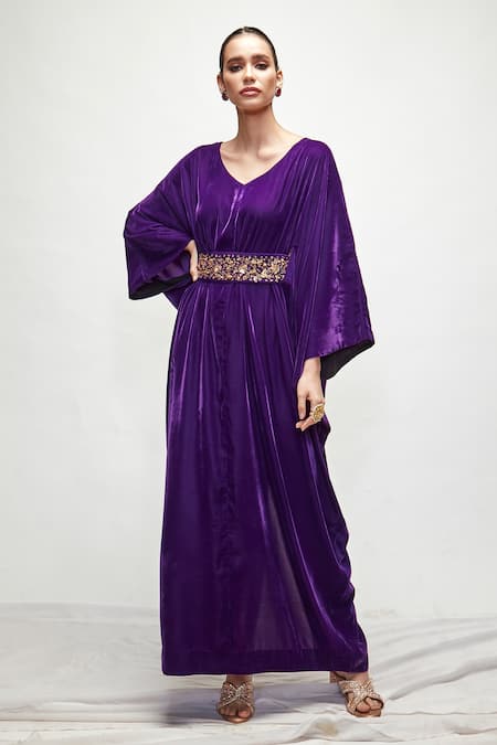 Ranian Purple Velvet Embroidery, Zari V-neck Cowl Draped Kaftan Online at Aza Fashions Ranian_Purple Velvet Embroidery, Zari V-neck Cowl Draped Kaftan _Online_at_Aza_Fashions