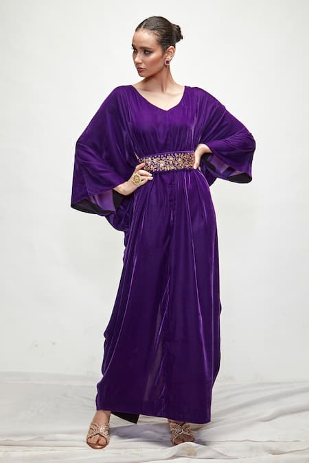Buy Ranian Purple Velvet Embroidery, Zari V-neck Cowl Draped Kaftan Online at Aza Fashions Buy_Ranian_Purple Velvet Embroidery, Zari V-neck Cowl Draped Kaftan _Online_at_Aza_Fashions