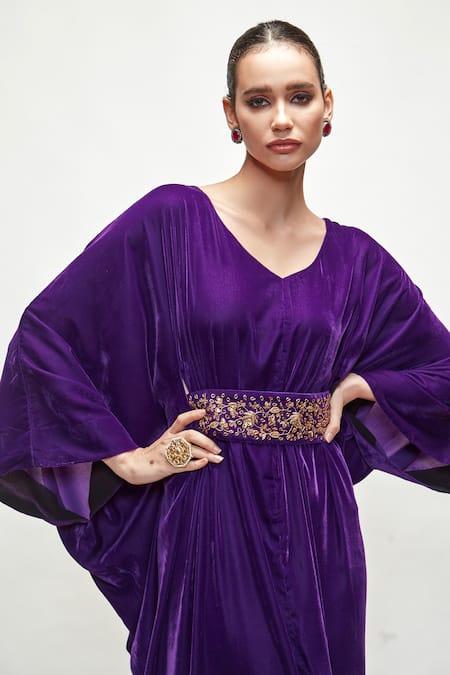 Shop Ranian Purple Velvet Embroidery, Zari V-neck Cowl Draped Kaftan Online at Aza Fashions Shop_Ranian_Purple Velvet Embroidery, Zari V-neck Cowl Draped Kaftan _Online_at_Aza_Fashions