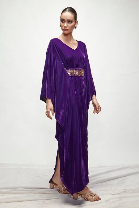 Ranian Purple Velvet Embroidery, Zari V-neck Cowl Draped Kaftan at Aza Fashions Ranian_Purple Velvet Embroidery, Zari V-neck Cowl Draped Kaftan _at_Aza_Fashions