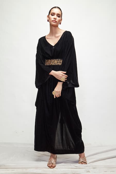 Buy_Ranian_Black Velvet V Neck Draped Kaftan _Online_at_Aza_Fashions