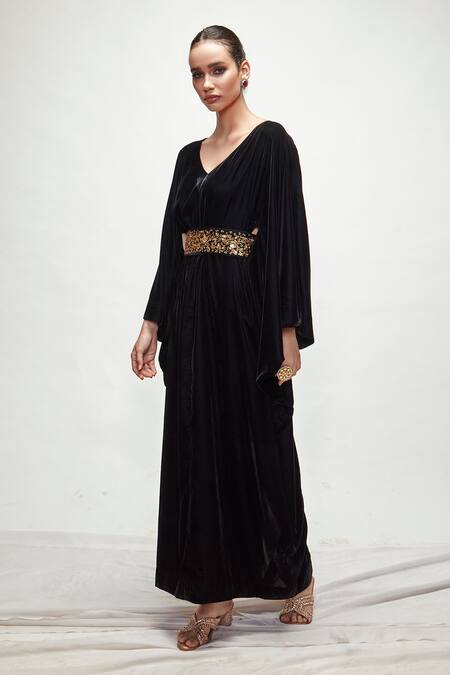 Shop_Ranian_Black Velvet V Neck Draped Kaftan _Online_at_Aza_Fashions