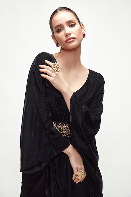 Ranian_Black Velvet V Neck Draped Kaftan _at_Aza_Fashions