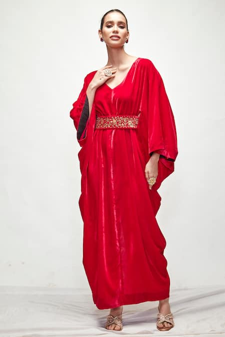 Ranian_Fuchsia Velvet Embroidery, Zari V-neck Draped Kaftan _Online_at_Aza_Fashions