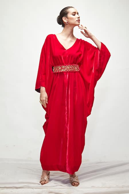 Shop_Ranian_Fuchsia Velvet Embroidery, Zari V-neck Draped Kaftan _Online_at_Aza_Fashions