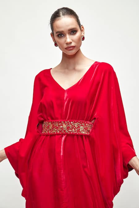 Ranian_Fuchsia Velvet Embroidery, Zari V-neck Draped Kaftan _at_Aza_Fashions