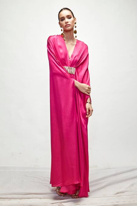 Ranian_Fuchsia Silk Embroidery V-neck V Kaftan _Online_at_Aza_Fashions
